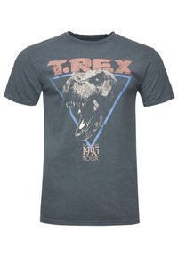 Donkergrijze katoenen T-shirt met een T. Rex-afbeelding in crème en blauw, met daaronder de tekst "Isla Nublar 1993 Tour".