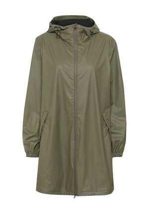 Water-resistant olive green rain jacket with a zip front, adjustable hood, elastic cuffs, and side pockets. Smooth, lightweight fabric.