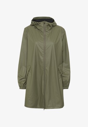 Water-resistant olive green rain jacket with a zip front, adjustable hood, elastic cuffs, and side pockets. Smooth, lightweight fabric.