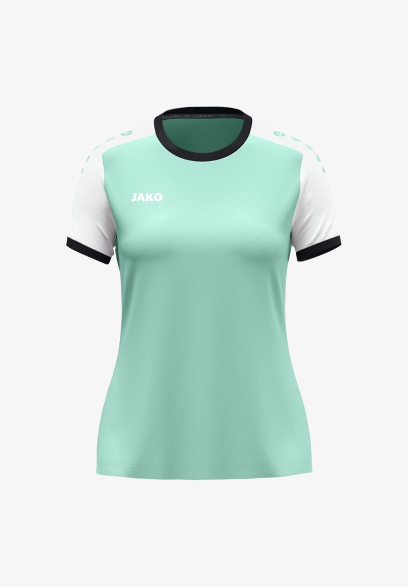 T-shirt de sport turquoise clair avec col et poignets noirs, manches blanches, et un petit logo "JAKO" imprimé sur le devant.