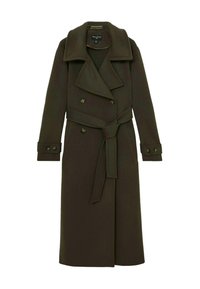 Pikk, tumeoliivne villane trench-kate laia kraega, kahe ridadega esitusega, eemaldatava vöö ja nööbitavate mansettidega. Sile tekstuur.