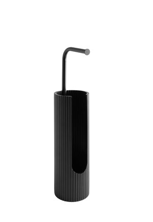 Tall black ribbed toilet brush holder with an L-shaped handle and open cutout on one side.