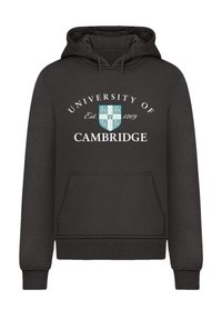 Black hoodie with a front pocket, featuring "University of Cambridge" and a shield logo in turquoise and white. Cotton material.