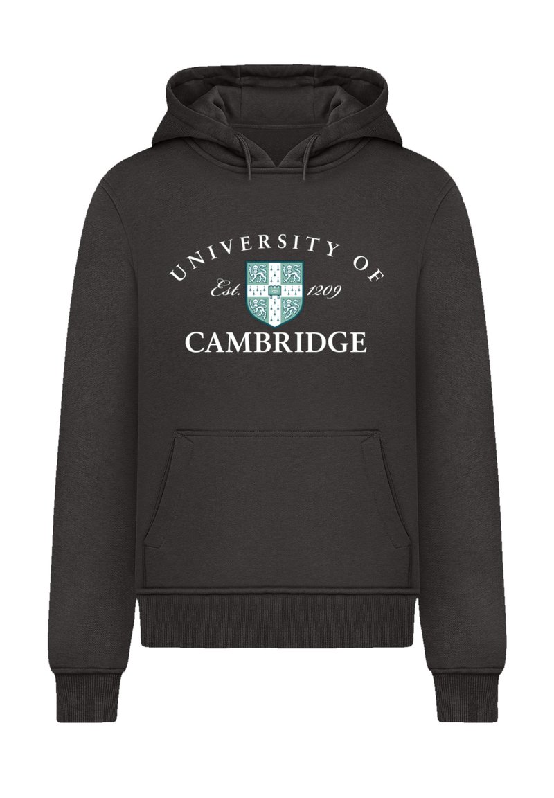 Black hoodie with a front pocket, featuring "University of Cambridge" and a shield logo in turquoise and white. Cotton material.