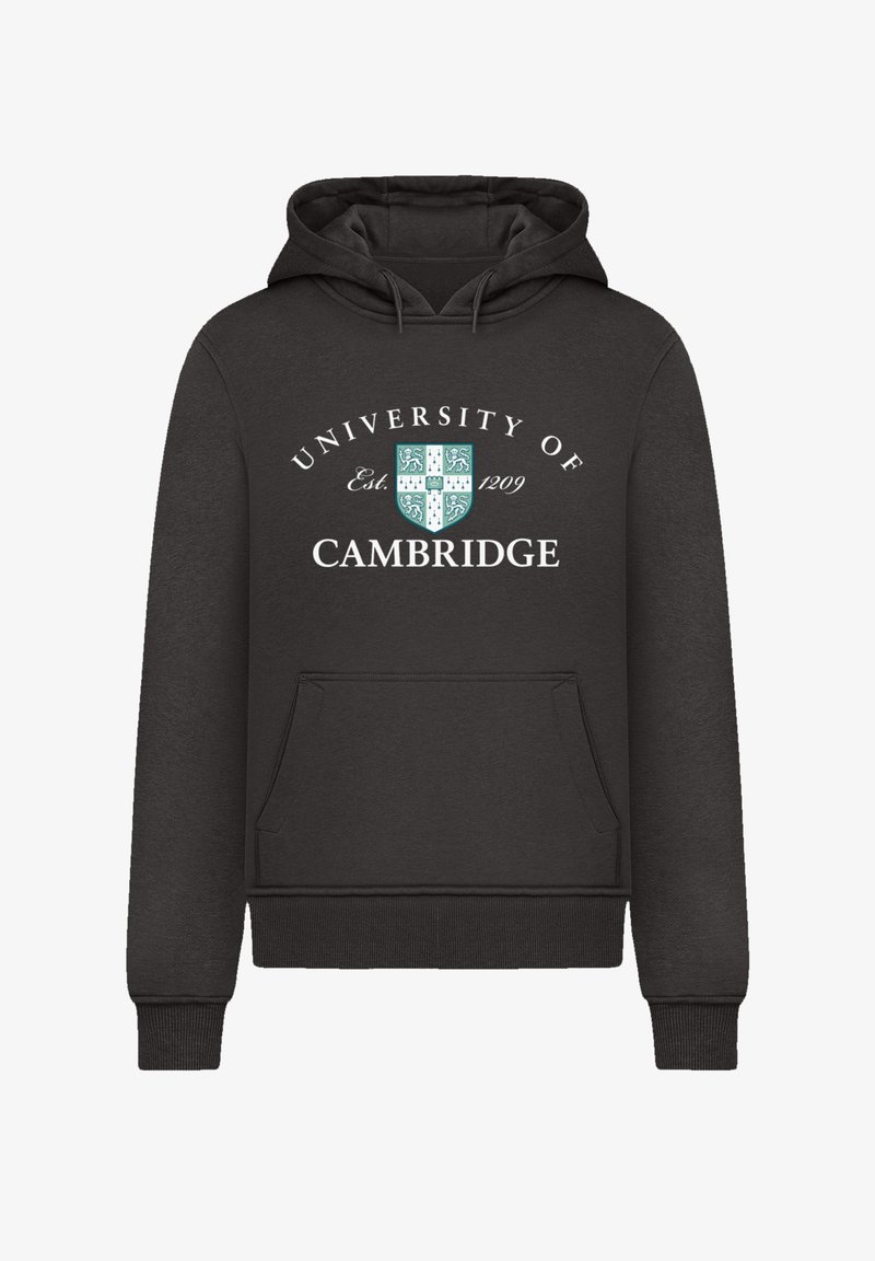 Black hoodie with a front pocket, featuring "University of Cambridge" and a shield logo in turquoise and white. Cotton material.
