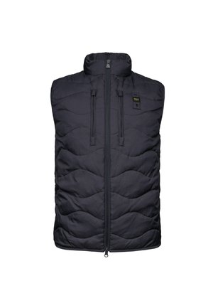 Gilet imbottito nero caratterizzato da un alto colletto, chiusura frontale con zip e due tasche con zip. La superficie presenta un motivo a onde trapuntato.
