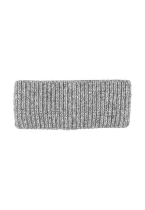 Grau gestricktes Stirnband mit gerippter Textur. Das Design ist breit und weich, aus Wolle gefertigt, geeignet, um die Ohren warm zu halten.