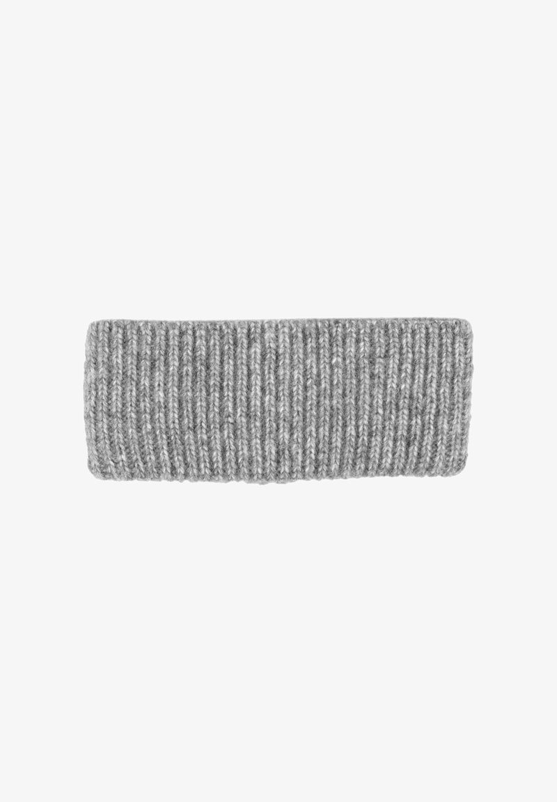 Gray knitted headband with a ribbed texture. The design is wide and soft, made from yarn, suitable for keeping ears warm.