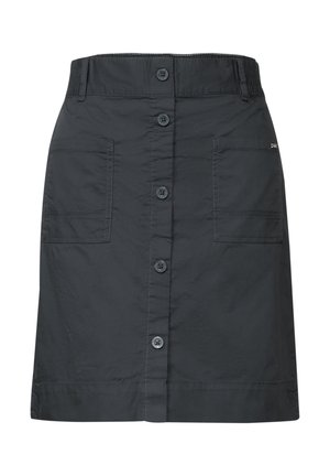 Zwarte rok van lichtgewicht stof, met een knoopsluiting aan de voorkant, twee voorkruisvakken en een rechte snit. Gladde textuur met minimale stiksels.