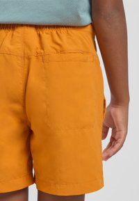 Orangene Shorts aus einem leichten Material verfügen über einen elastischen Bund und eine Gesäßtasche, mit einer glatten Textur.