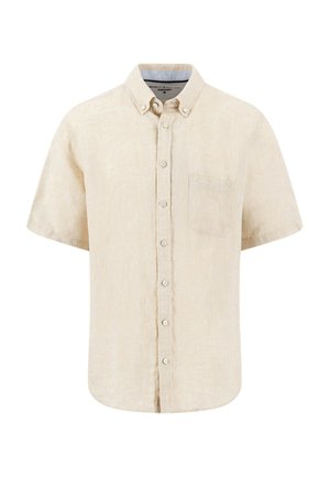 Beige short-sleeve linen shirt with button-down collar, front chest pocket, and vertical button closure.