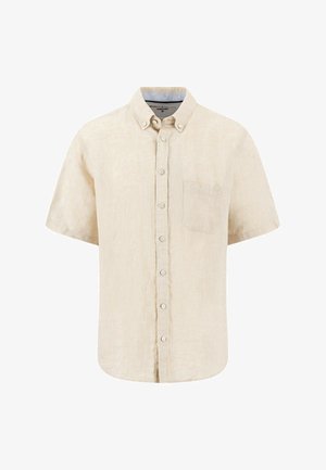 Beige Leinenhemd mit kurzen Ärmeln, Button-Down-Kragen, Brusttasche vorne und vertikaler Knopfleiste.
