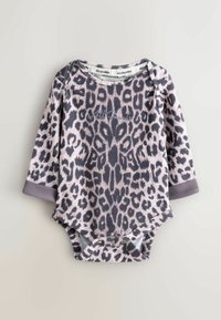Langærmet bodysuit i blødt, ribbet stof med et pink og grå leopardprintmønster, der har trykknapper i bunden for nem påklædning.