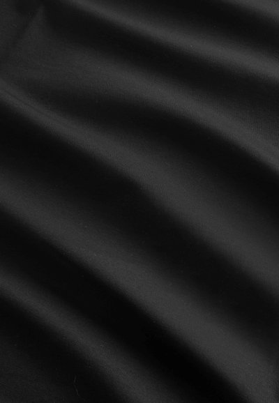 Black fabric with a smooth texture, featuring soft drapes and subtle shine, indicating a sleek and lightweight material.