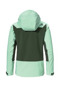 Water-resistant jacket with a mint green and dark green color block design. Features a hood, long sleeves, and a smooth texture.