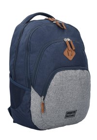 Navy blue fabric backpack with grey bottom, multiple zippered compartments, and leather accents. Includes a side mesh pocket for storage.