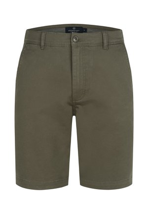 Olivgrüne Baumwoll-Shorts mit flachem Vorderteil, Knopfverschluss und zwei Seitentaschen. Glatte Textur, maßgeschneiderter Schnitt und gesäumte Säume.