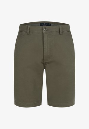 Olive zielone bawełniane szorty z płaskim przodem, zapięciem na guzik i dwoma bocznymi kieszeniami. Gładka tekstura, dopasowany krój i wykończone nogawki.