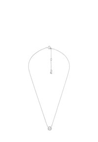 Srebrny naszyjnik z delikatnym łańcuszkiem i okrągłym wisiorkiem. Wisiorek ma centralny wzór otoczony małymi, przezroczystymi kamieniami.