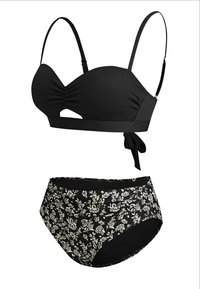 Schwarzes Bikini-Set mit einem strukturierten Push-up-Oberteil mit Ausschnitt und verstellbaren Trägern; hochgeschnitte Unterteile mit einem weißen Blumenmuster.