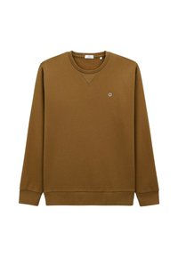 Sweatshirt en coton marron avec des manches longues, des poignets et un ourlet côtelés, et un petit logo rond sur la poitrine. Design simple et rectangulaire.