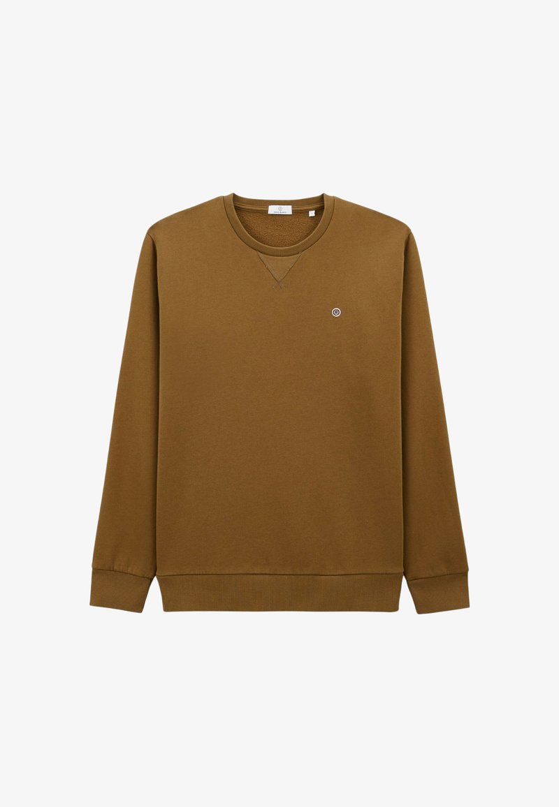 Sweatshirt en coton marron avec des manches longues, des poignets et un ourlet côtelés, et un petit logo rond sur la poitrine. Design simple et rectangulaire.