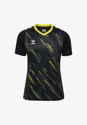 Zwart sportshirt met gele en grijze diagonale strepen. Heeft een V-hals en korte mouwen, gemaakt van lichtgewicht, ademende stof.