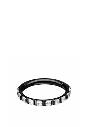Black metal ring with evenly spaced square clear gemstones embedded around the band on a white background.