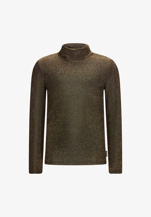 Goldfarbener Langarm-Turtleneck-Oberteil aus strukturiertem Stoff, mit einer figurbetonten Passform und subtiler Schimmeroptik.