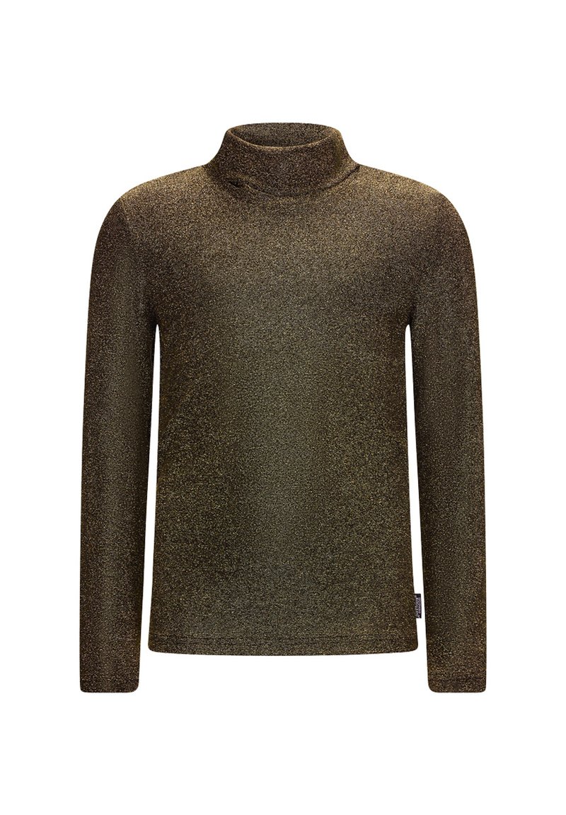 Goldfarbener Langarm-Turtleneck-Oberteil aus strukturiertem Stoff, mit einer figurbetonten Passform und subtiler Schimmeroptik.