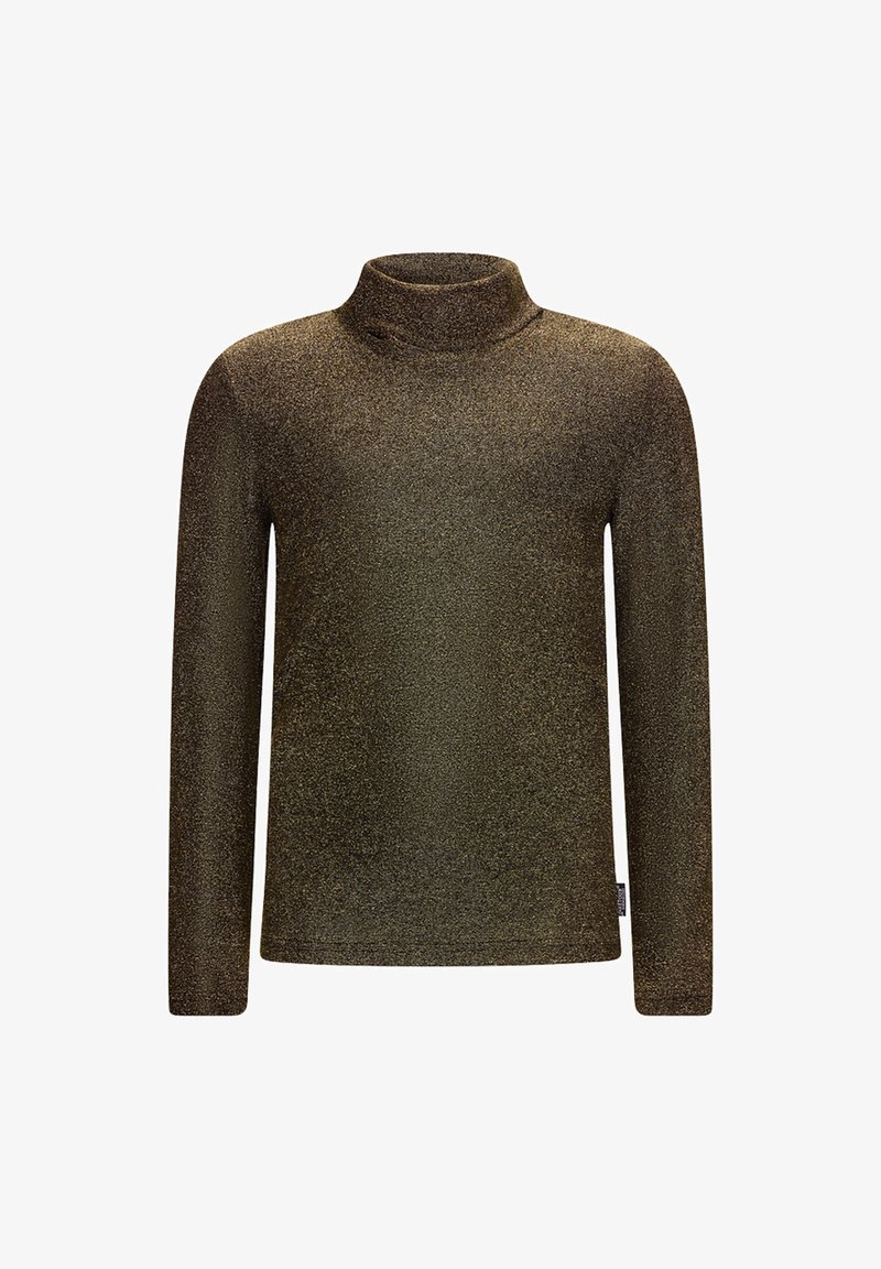 Goldfarbener Langarm-Turtleneck-Oberteil aus strukturiertem Stoff, mit einer figurbetonten Passform und subtiler Schimmeroptik.