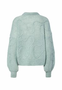 Jasnozielony sweter z teksturowanym, falistym wzorem na plecach, ściągaczami na rękawach oraz okrągłym dekoltem. Miękka dzianinowa tkanina.