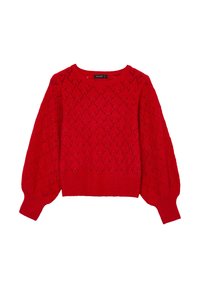 Roter Strickpullover mit Diamantmuster, Rundhalsausschnitt und Puffärmeln. Rippbündchen und Saum. Hergestellt aus weichem, strukturiertem Garn.