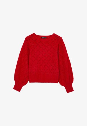 Pull en tricot rouge avec un motif en losanges, col rond et manches bouffantes. Poignets et ourlet côtelés. Fabriqué à partir de fil doux et texturé.