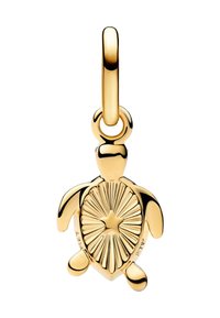 Pendentif en or en forme de tortue avec une coquille texturée présentant des lignes rayonnantes et un détail en étoile. La boucle pour l'attache est lisse et polie.