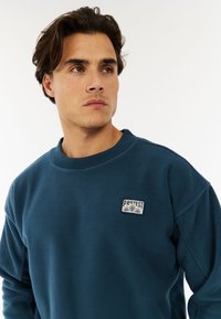 Blauwe fleece sweatshirt met een ronde halslijn, voorzien van een klein crèmekleurig en blauw "PROTEST" logo op de linkerborst. Zachte stof.