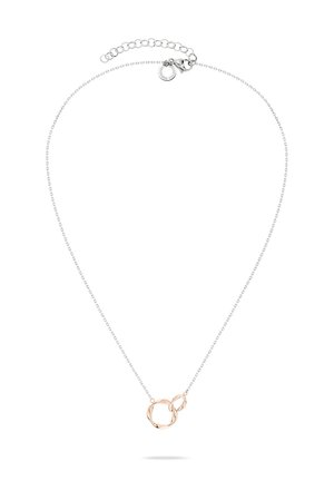 Zilveren ketting met een ontwerp van twee in elkaar verstrengelde ringen; één is roségoud. Delicaat ontwerp met een gladde afwerking en een verstelbare lengte.