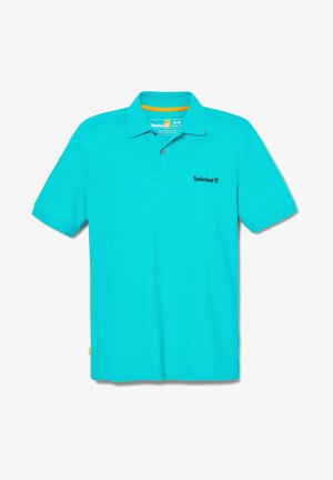 Polo de manga corta color turquesa con cuello, dos botones y el logo de Timberland en negro en el pecho izquierdo.