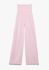 Roze wijde broek met een smocktail, gemaakt van een zachte stof en met een losse, vloeiende silhouet. Geen zakken of extra versieringen.