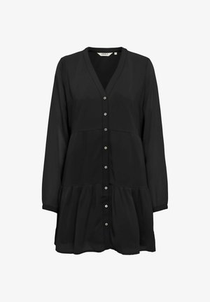 Černé košilové šaty z hladké tkaniny, s výstřihem do V, dlouhými rukávy a vrstveným sukněním s kontrastními knoflíky.