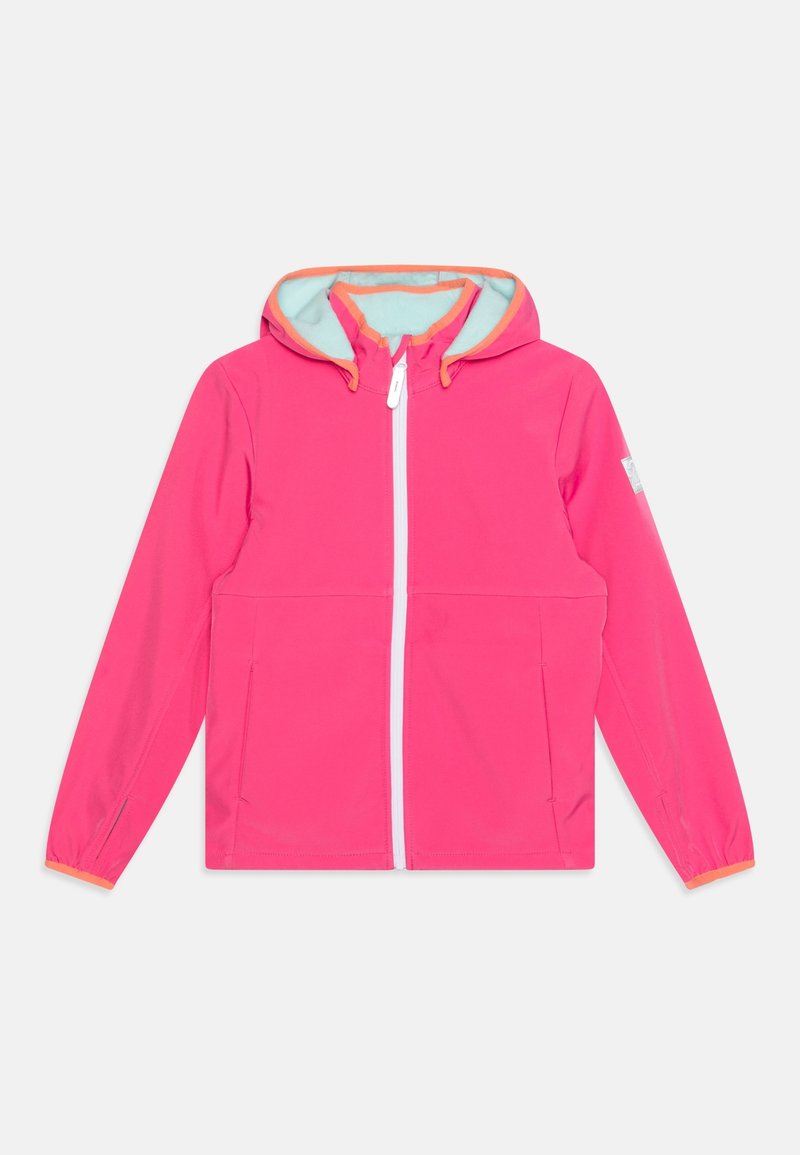 Fuchsia Zip-Up-Jacke mit Kapuze. Mit kontrastierendem türkisfarbenem Futter und orangen Akzenten an den Kanten. Hergestellt aus leichtem, glattem Stoff.