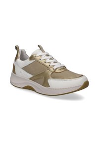 White and metallic gold athletic shoe with a smooth leather finish, lace-up design, and a cushioned sole. Features a rear pull tab.