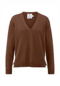 Brauner V-Ausschnitt-Pullover mit langen Ärmeln, gerippten Bündchen und Saum. Verfügt über Seitenschlitze und ein strukturiertes Strickdesign. Etikett am Hals sichtbar.