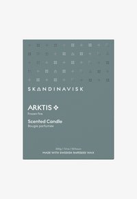 Caja de vela aromática Skandinavisk Arktis, gris con símbolos nórdicos en relieve, 200g, 50 horas de combustión, hecha con cera de colza sueca.