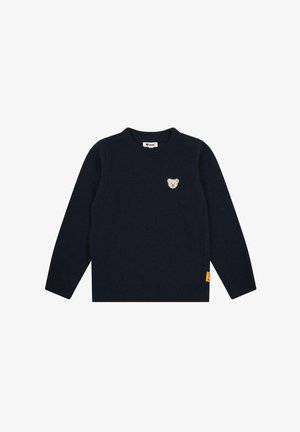 Navyblauer Pullover aus weichem Stoff, mit rundem Ausschnitt, langen Ärmeln und einem kleinen Bärenlogo auf der Brust sowie einem gelben Etikett an der Seite.