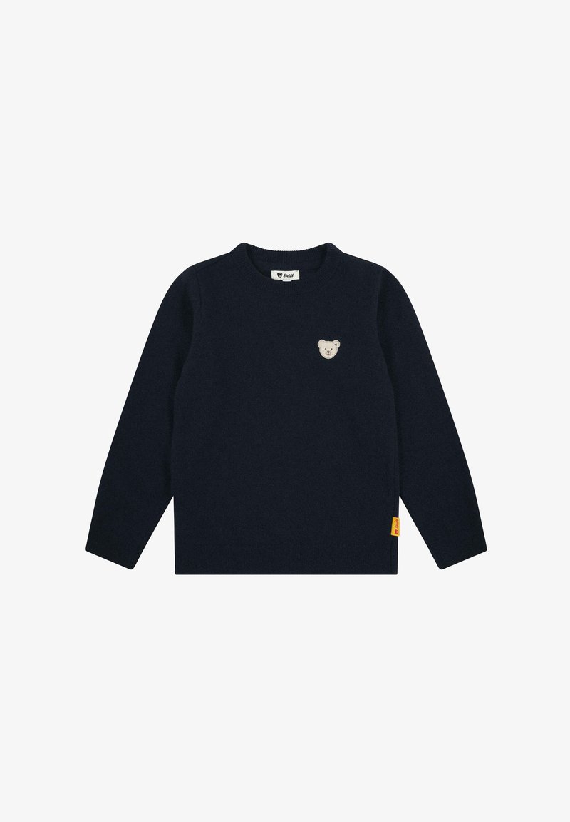 Navyblauer Pullover aus weichem Stoff, mit rundem Ausschnitt, langen Ärmeln und einem kleinen Bärenlogo auf der Brust sowie einem gelben Etikett an der Seite.