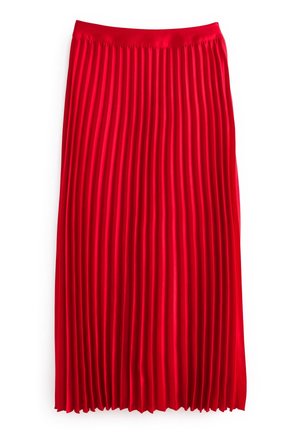 Jupe midi rouge avec de fines plis verticaux et une ceinture, posée à plat sur un fond blanc.