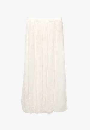 Biela, ľahká midi sukňa s riaseným elastickým pásom, zdobená jemne textúrovanou tkaninou a dekoratívnymi bodkovanými vzormi po celom povrchu.