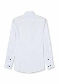 Weißes langärmeliges Hemd mit klassischem Kragen, Rückenpasse und schwarzen Knopfakzenten an den Manschetten. Glattes, maßgeschneidertes Design.