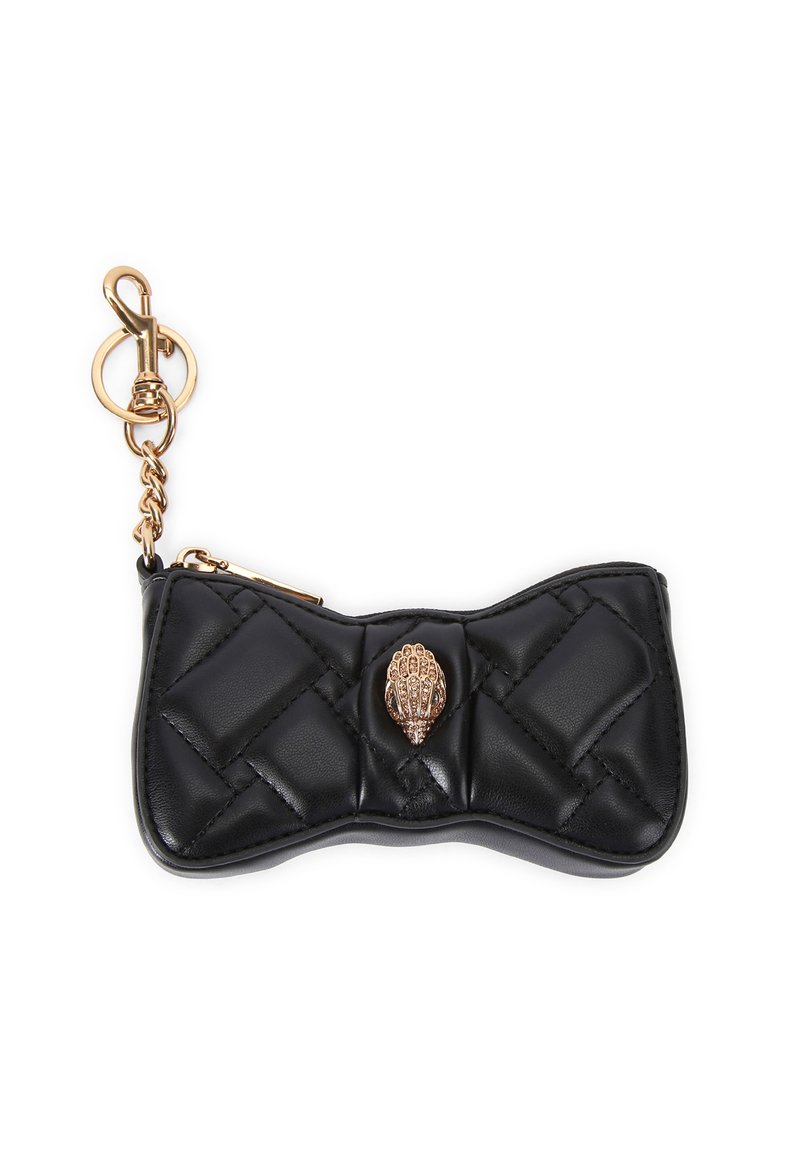 Portachiavi a pochette in ecopelle trapuntata nera con finiture dorate e un accento decorativo a forma di conchiglia, dotato di chiusura con zip per un'adeguata sicurezza.